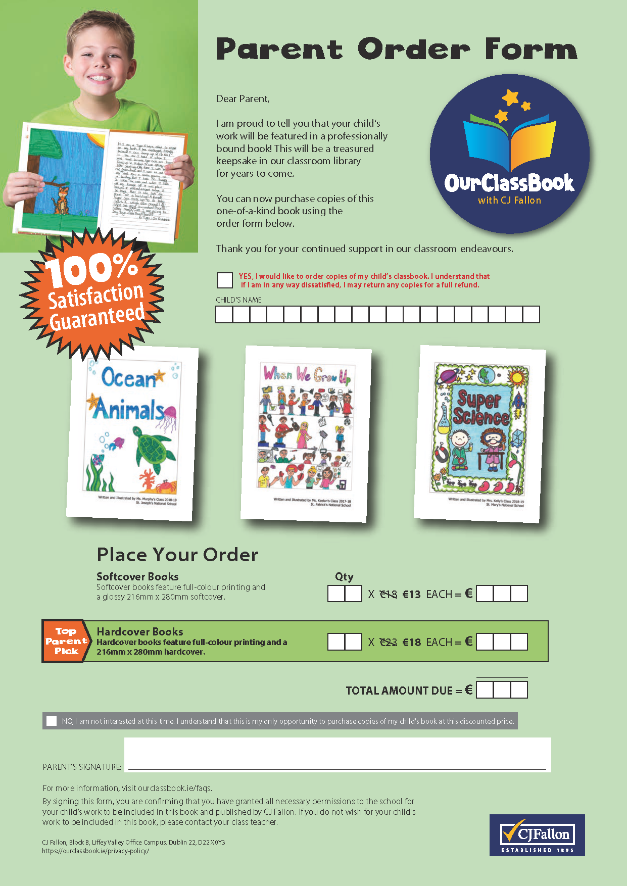 OurClassBook Parent Order Form for Student Published Book